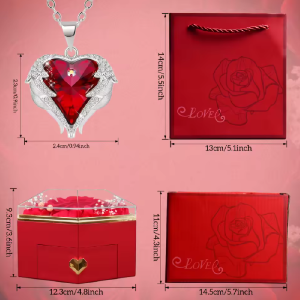 Preserved Rose Angel Wings Heart Necklace Gift Box