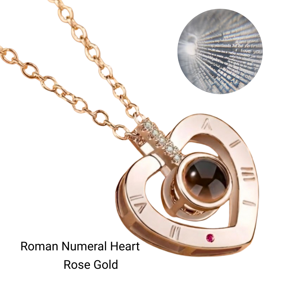 Eternal Flower Box Necklace with Heart Projection "I Love You" in 100 Languages