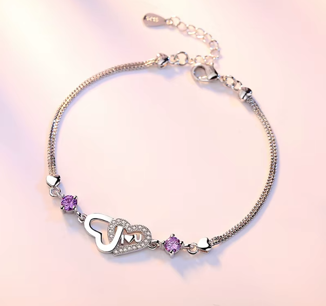 Sterling Silver 925 Crystal Double Heart -  I 💗 U Bracelet