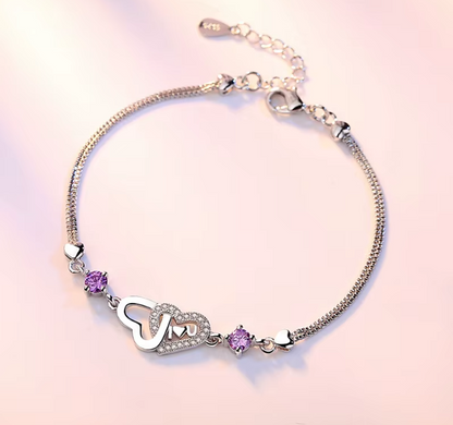 Sterling Silver 925 Crystal Double Heart -  I 💗 U Bracelet