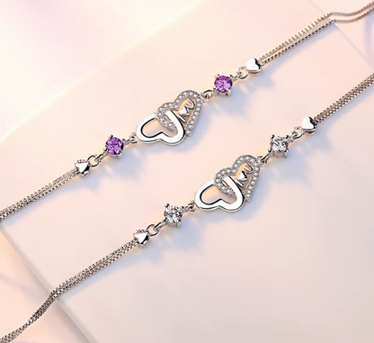 Sterling Silver 925 Crystal Double Heart -  I 💗 U Bracelet