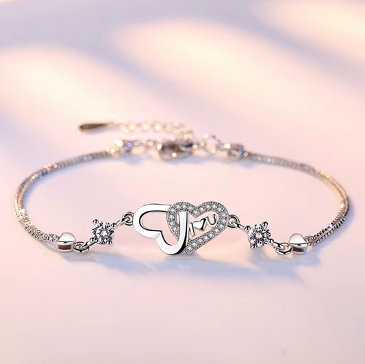 Sterling Silver 925 Crystal Double Heart -  I 💗 U Bracelet