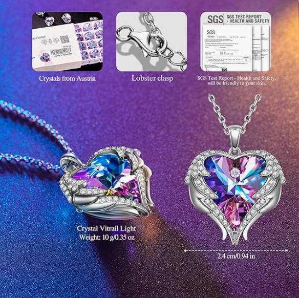 Preserved Rose Angel Wings Heart Necklace Gift Box