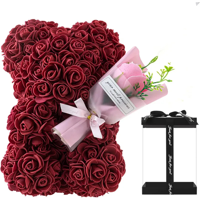 Rose Bear With Preserved Rose Bouquet in Gift Box