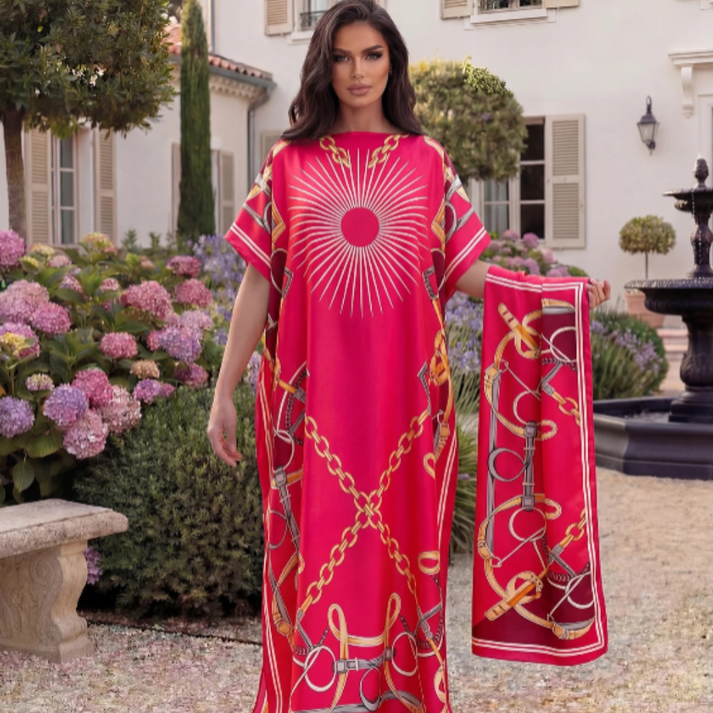 Radiant Sun Kaftan Beach Dress with Matching Scarf