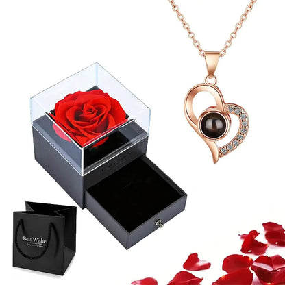 Eternal Flower Box Necklace with Heart Projection "I Love You" in 100 Languages