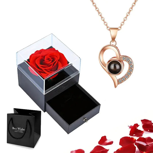 Eternal Flower Box Necklace with Heart Projection "I Love You" in 100 Languages