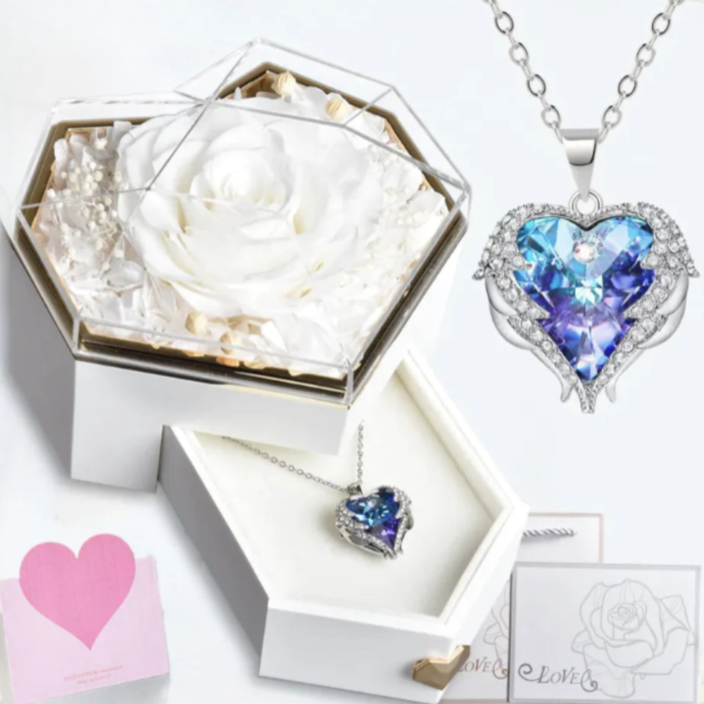 Preserved Rose Angel Wings Heart Necklace Gift Box