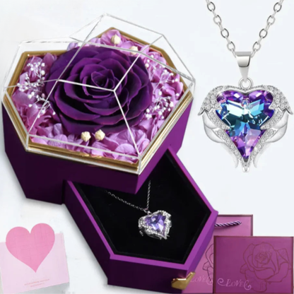 Preserved Rose Angel Wings Heart Necklace Gift Box