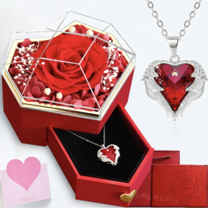 Preserved Rose Angel Wings Heart Necklace Gift Box