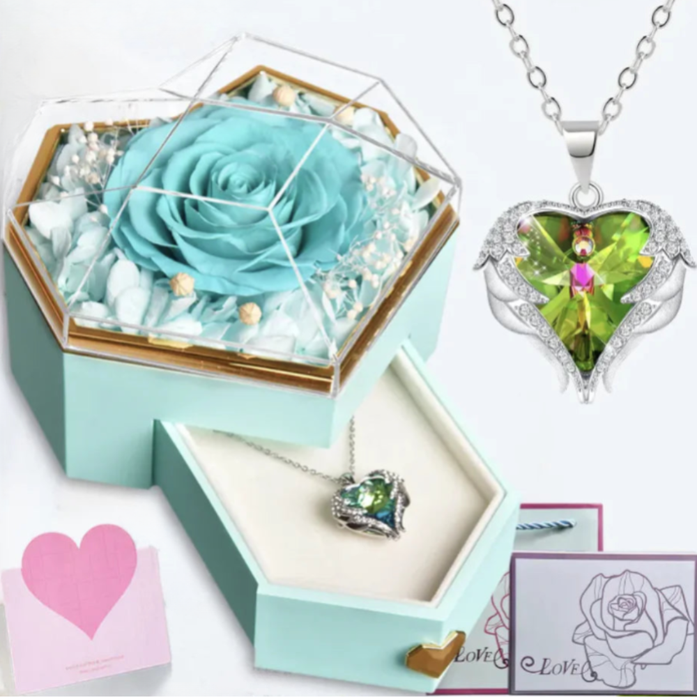 Preserved Rose Angel Wings Heart Necklace Gift Box