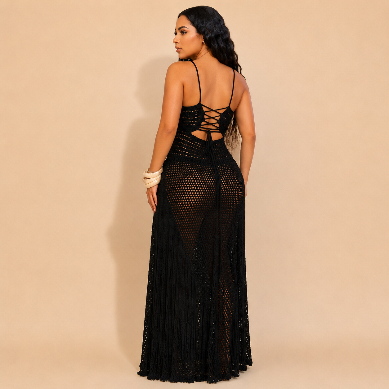 Resort Crochet Fringe Cover-Up Maxi Dress