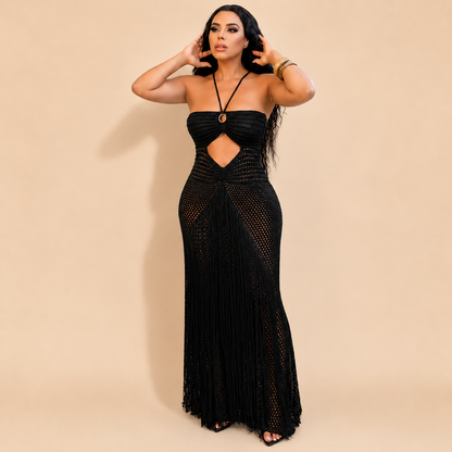 Resort Crochet Fringe Cover-Up Maxi Dress