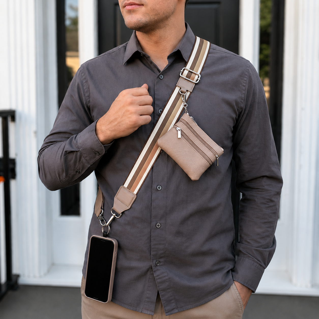 Sand Stripe Clip and Go Phone Strap With Pouch_