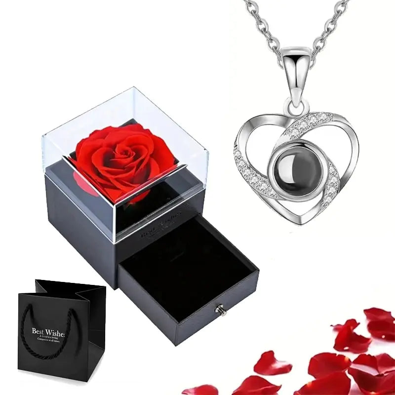 Eternal Flower Box Necklace with Heart Projection "I Love You" in 100 Languages