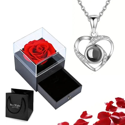 Eternal Flower Box Necklace with Heart Projection "I Love You" in 100 Languages