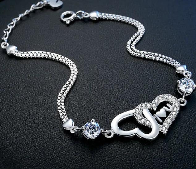 Sterling Silver 925 Crystal Double Heart -  I 💗 U Bracelet
