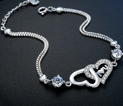 Sterling Silver 925 Crystal Double Heart -  I 💗 U Bracelet