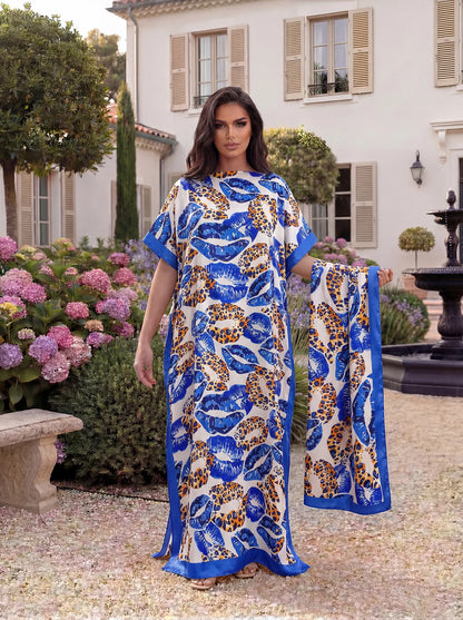 Leopard Kiss Print Kaftan Beach Dress + Matching Scarf