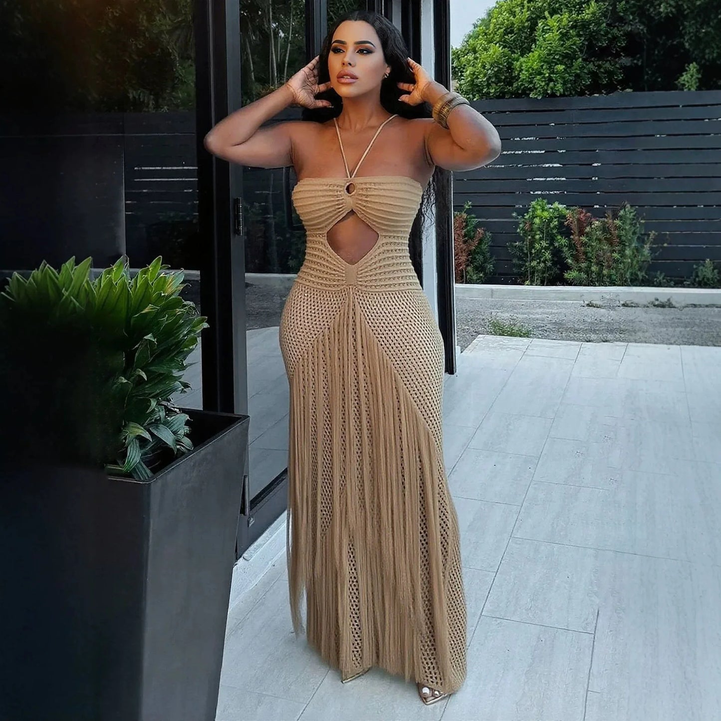 Resort Crochet Fringe Cover-Up Maxi Dress