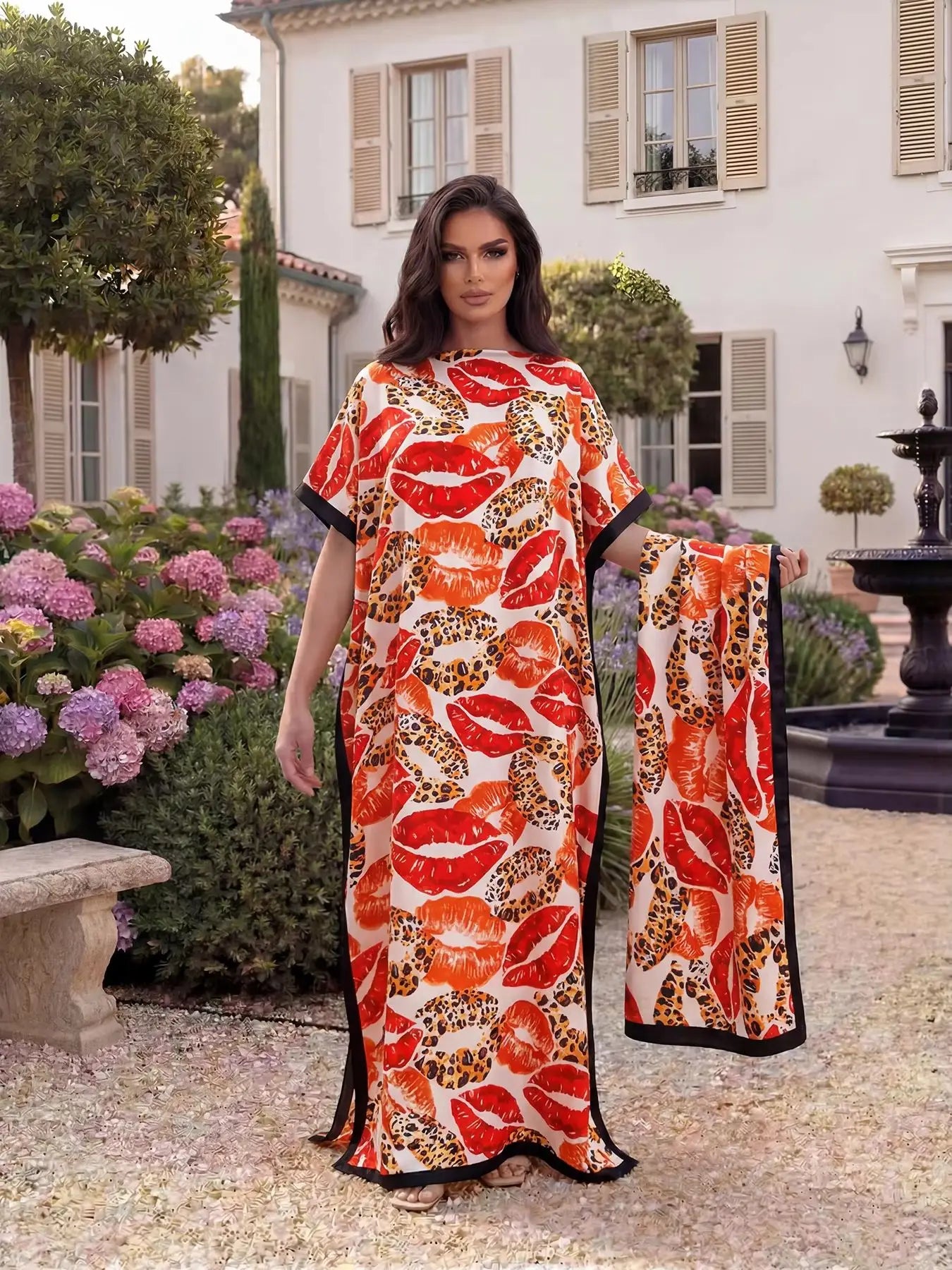 Leopard Kiss Print Kaftan Beach Dress + Matching Scarf