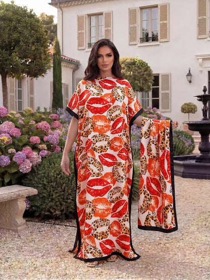 Leopard Kiss Print Kaftan Beach Dress + Matching Scarf