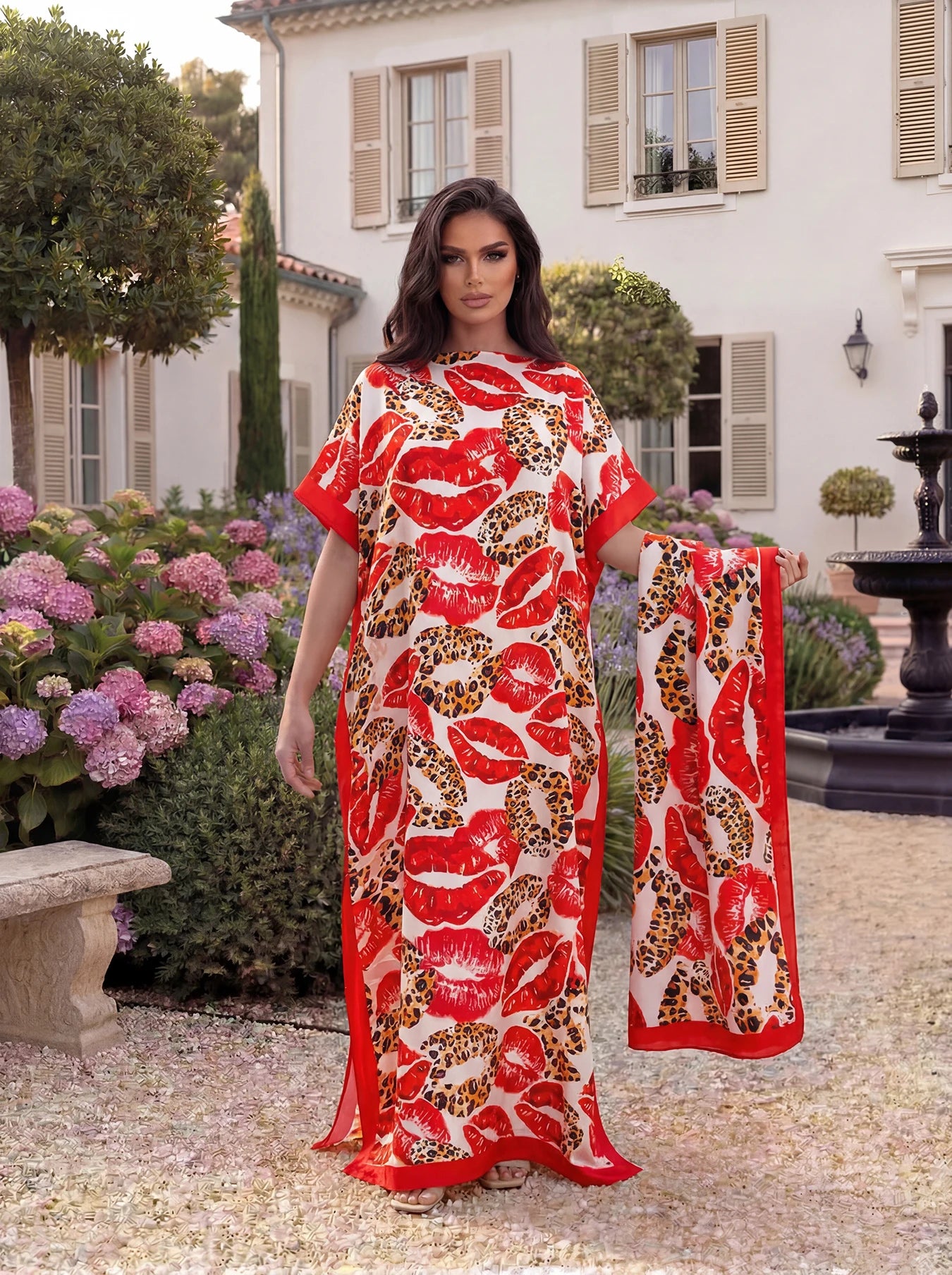 Leopard Kiss Print Kaftan Beach Dress + Matching Scarf