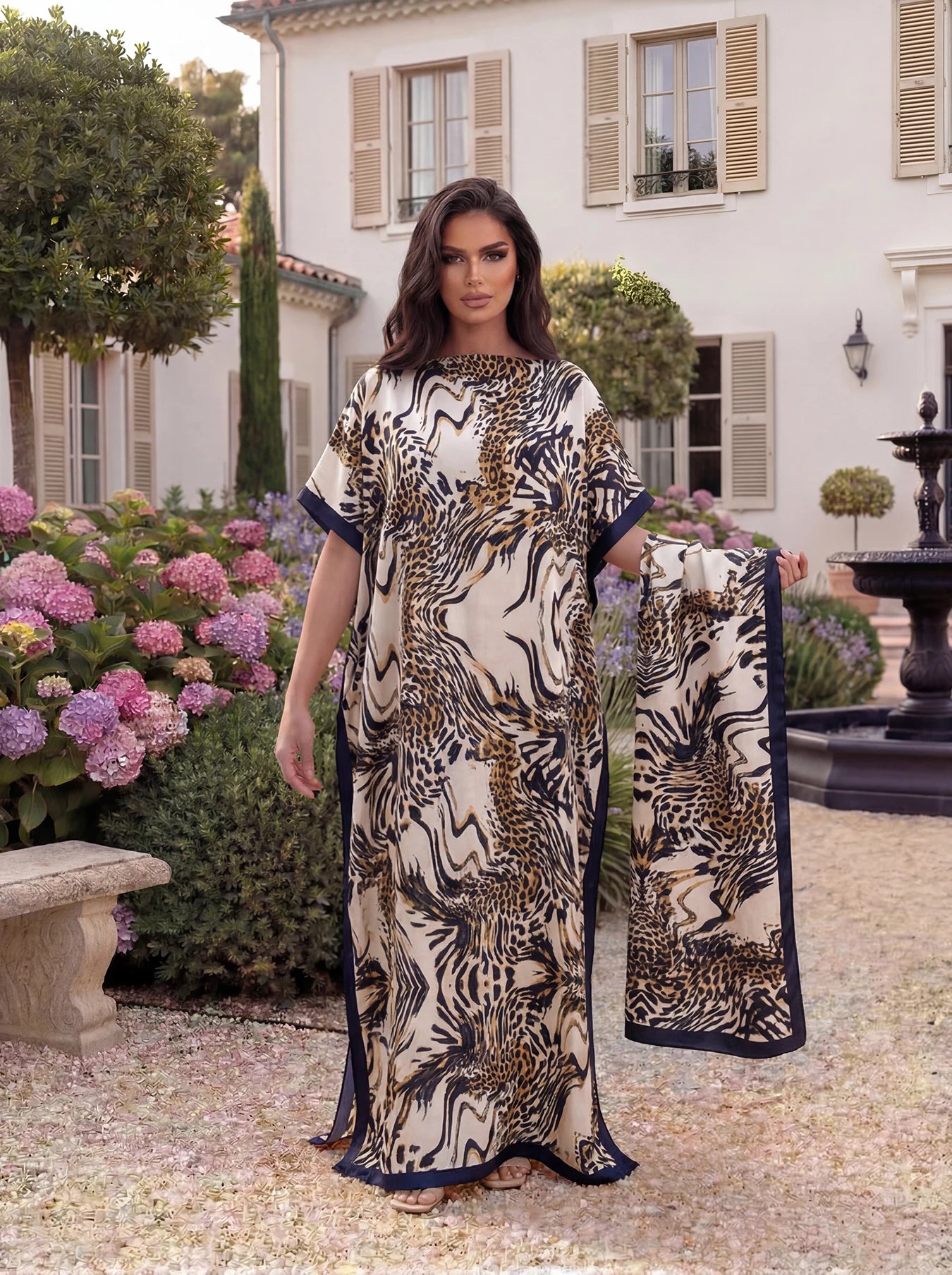 Leopard Kiss Print Kaftan Beach Dress + Matching Scarf