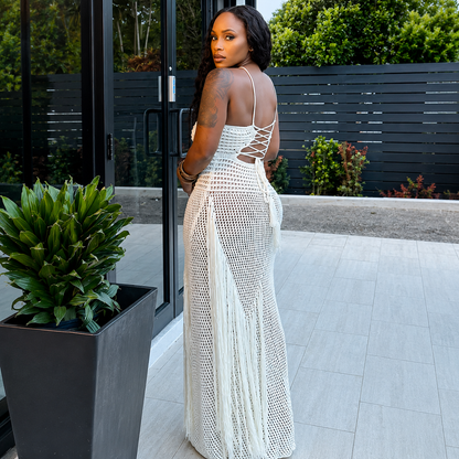 Resort Crochet Fringe Cover-Up Maxi Dress