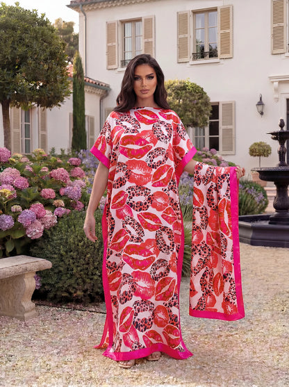 Leopard & Kiss Print Kaftan Beach Dress with Matching Scarf