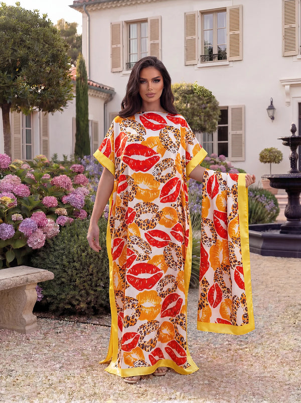 Leopard & Kiss Print Kaftan Beach Dress with Matching Scarf