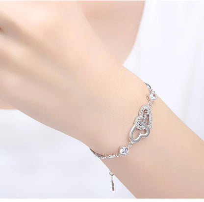 Sterling Silver 925 Crystal Double Heart -  I 💗 U Bracelet