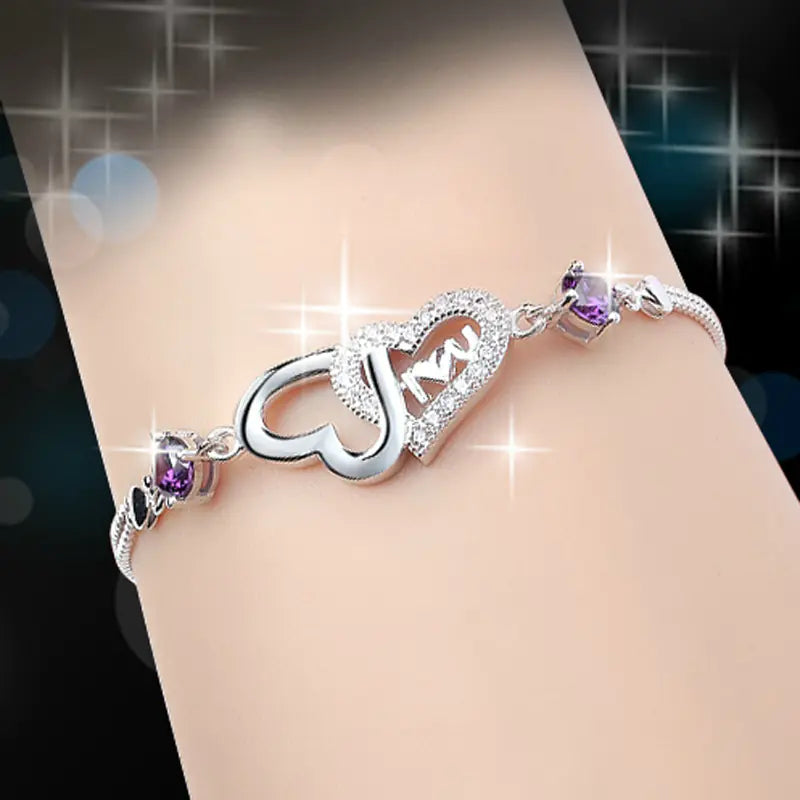 Sterling Silver 925 Crystal Double Heart -  I 💗 U Bracelet