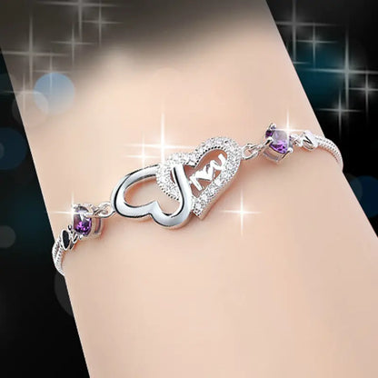 Sterling Silver 925 Crystal Double Heart -  I 💗 U Bracelet